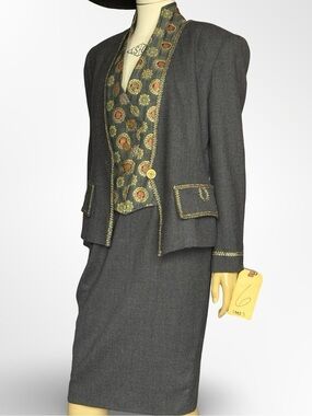 Albert Nipon 3 Piece Wool Pencil Skirt Suit Brocade Lamé Sony Vintage 1990s Y2K